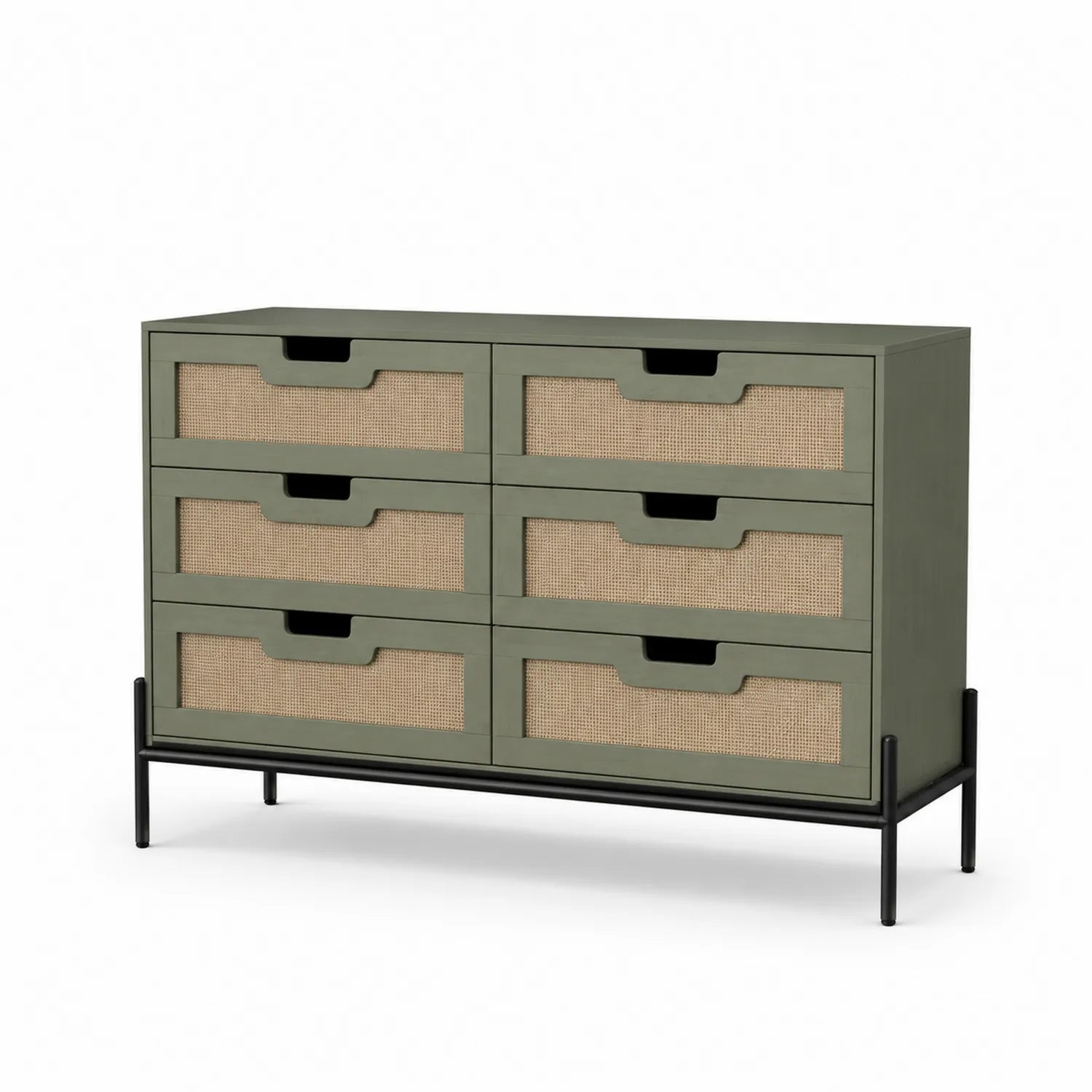 Kommode mit 6 Schubladen aus Holz und Rattan, Grün
