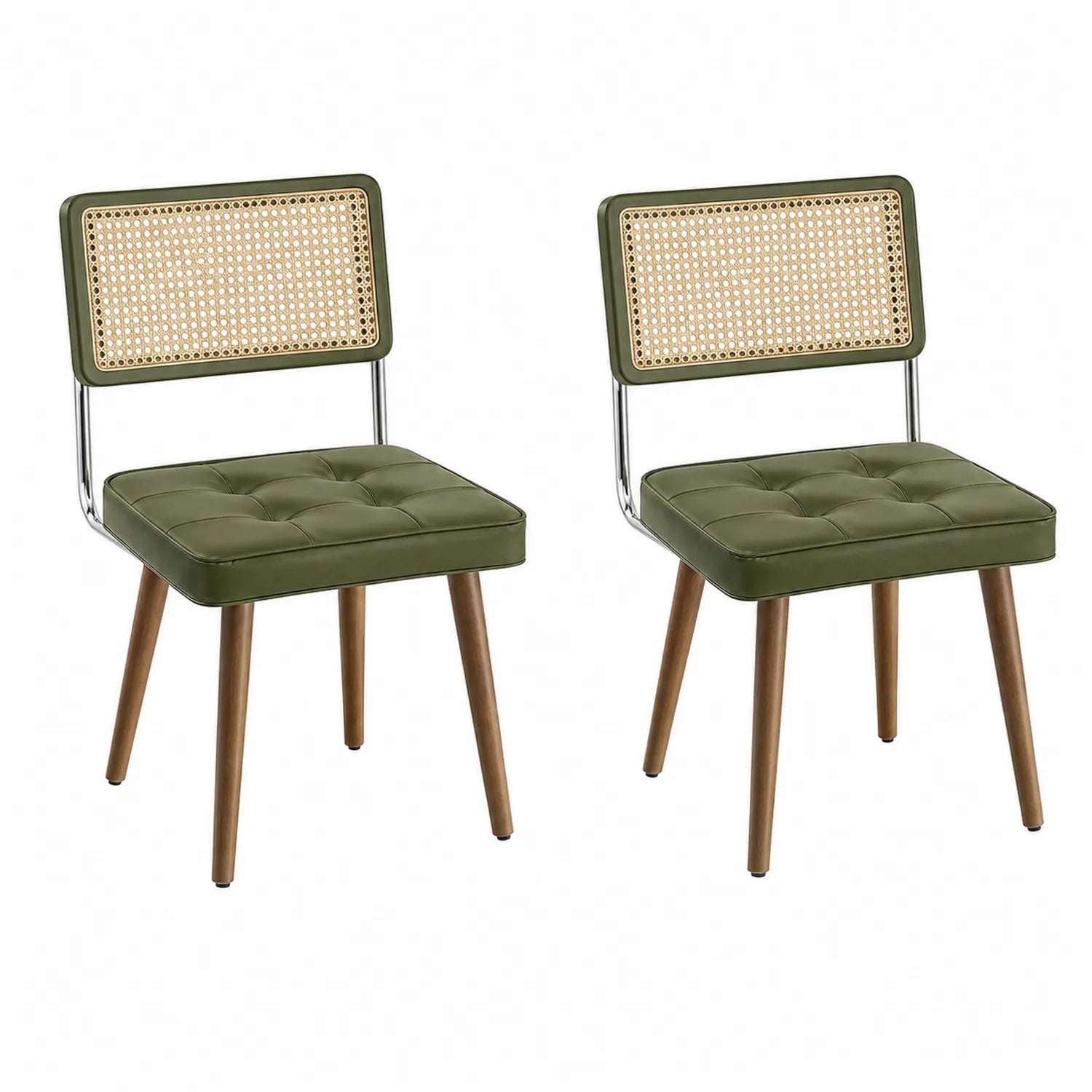 2er-Set Esszimmerstühle aus Kunstleder und Rattan, Olivgrün