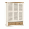Kleiderschrank mit 3 Lamellentüren und 2 Schubladen aus MDF und Holz Weiß/Eiche