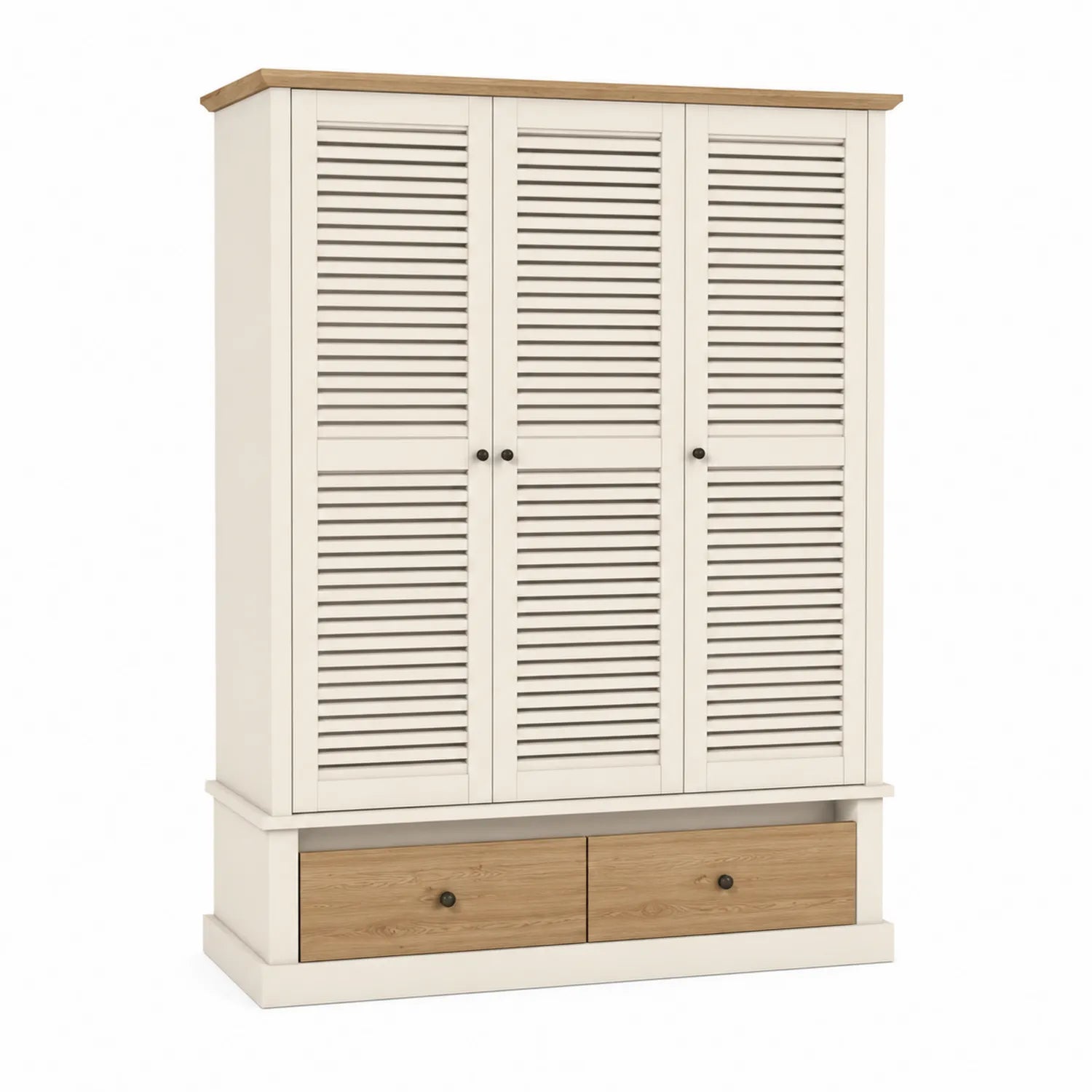 Kleiderschrank mit 3 Lamellentüren und 2 Schubladen aus MDF und Holz Weiß/Eiche